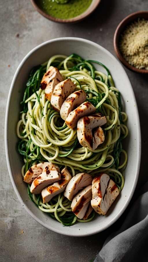 Zucchini Noodles with Grilled Chicken & Pesto